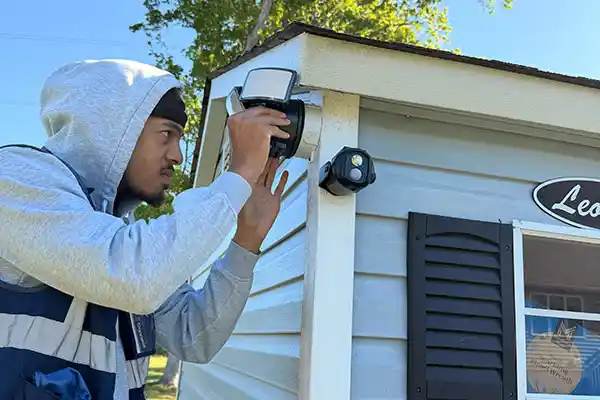 An electrician wearing a gray hooded sweatshirt adjusting or installing an outdoor security camera next to a residential window.